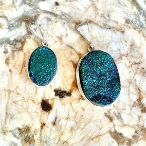 2 Druzy Quartz pendants in sterling silver w bails 1” and 3/4”